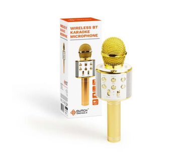 De draadloze karaoke microfoon heeft een goud/witte kleur. 